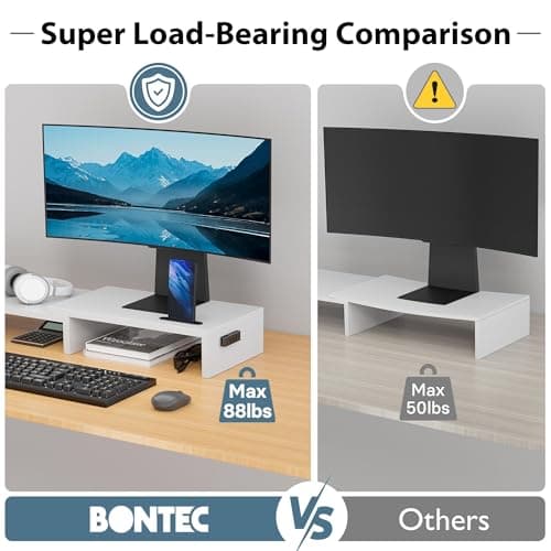 BONTEC Dual Monitor Stand Riser with Smartphone Holder, Adjustable Length & Swivel Angle, Ergonomic Wooden Desktop Organizer for PC Monitor, Laptop, Printer, Large Storage, White 5
