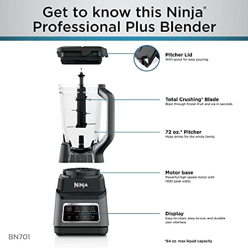 Ninja Professional Plus Blender | Max Power Smoothie Blender, Ice Cream Maker, Frozen Drink Mixer & Margarita Machine | 3 Auto IQ™ Presets, 1400 W, 72oz Total Crushing Pitcher | Dark Grey, BN701 10