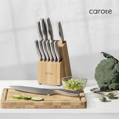 CAROTE 12-Piece Knife Set, All-Stainless Steel Knife Block Set, Kitchen Knives with Wooden Block, Razor-Sharp and Ergonomic, Dishwasher Safe 9