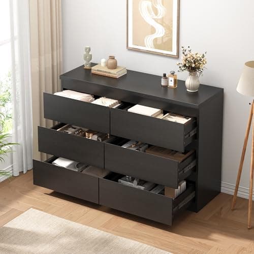 Jocoevol Modern Black 6 Drawer Dresser - Simply Chest of Drawers for Bedroom, Closet, Living Room, Hallway, Entryway, Wood Storage Double Dresser with Smooth Metal Rails - Black 7