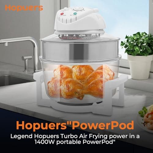Hopuers 17L Turbo Air Fryer, Convection Oven, Oil-Less Electric Grill Roaster Bake Cooker, Portable Glass Air Fryer, Multifunction Cooker 360° Hot Air Fry/Roast, with Expansion Ring 6