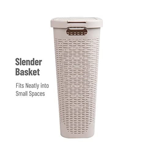 Mind Reader Slim Laundry Hamper with Lid, 40L Clothes Basket, Premium Wicker Design, Plastic, Set of 2, Ivory 6