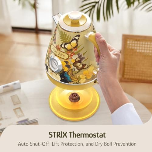 Hazel Quinn X Eduardo Recife Electric Kettle - 1200W Fast Water Boiling, 1.7L/57oz, All 304 Stainless Steel Interior, BPA-Free, Auto Shut-Off, Cordless Retro Teapot with Thermometer - Floral Patterned 7