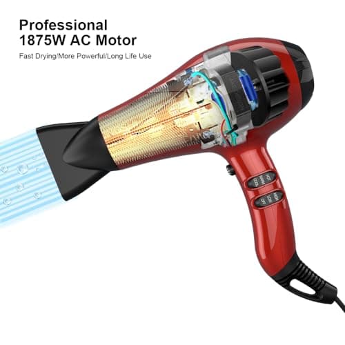 1875W Professional Salon Hair Dryer for Fast Drying,Negative Ionic Blow Dryer 2 Speeds and 3 Temperature Settings with Concentrator Attachment, Cool Shot Button,Black 5
