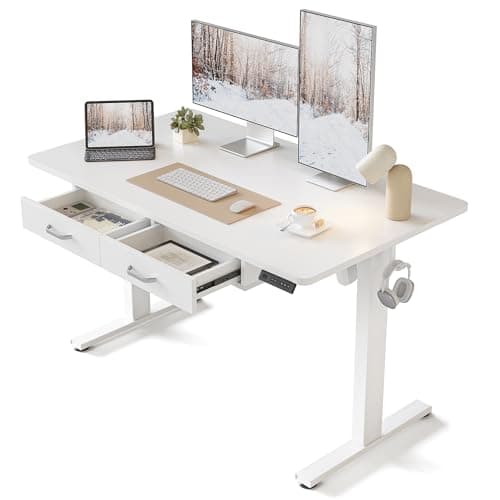 FEZIBO 48 x 24 Inches Standing Desk with Double Wooden Drawers, Adjustable Height Electric Standing Desk, Stand Up Home Office Desk with Splice Tabletop, White Frame/White Top