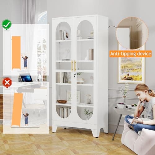 PAOFIN 71" H Locking Display Cabinet with Glass Door, Metal Curio Cabinets with 4 Adjustable Shelves, Tall Liquor Cabinet Display Case for Living Room, Collectibles, Home - Assembly Required White 8