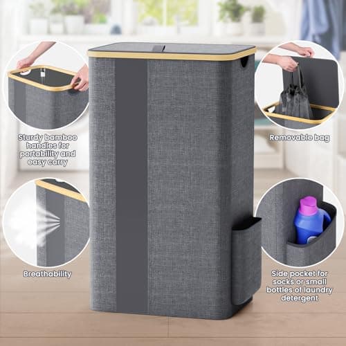 BlissTotes Laundry Basket with Lid, 100L Clothes Laundry Hamper with Handles and Removable Laundry Bag, Breathable Design Hamper with Lid for Bedroom, Bathroom, Dorm, Laundry Room - Light Grey 5