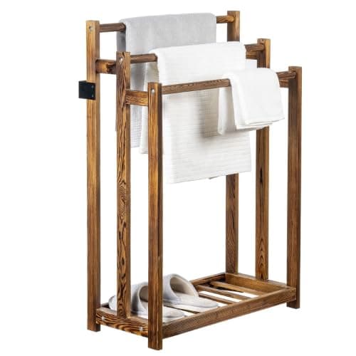 MyGift Free Standing Towel Rack, Wooden 3-Tier Quilt Rack, Bath Towel Drying Stand, Blanket Holder with Bottom Storage Shelf, for Bathroom, Living Room, Rustic Dark Brown