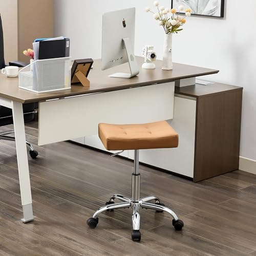 FIRAVOE Office Stool with Wheels (300lbs Capacity) (Adjustable Height 17"-21") Brown Faux Leather Workbench Stool (Camel Brown) 9