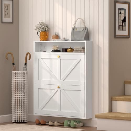 STEELIST Metal Shoe Cabinet with 2 Flip Drawers, White Freestanding Shoe Cabinet Organizer with Open Storage, Slim Narrow Shoe Organizer Cabinet for Entryway, Slim Entryway Storage Solution 8