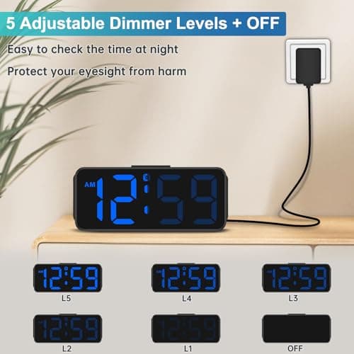 Peakeep Small Digital Alarm Clock Plug in for Bedrooms Bedside, Tiny Electric Clock Large Big Numbers Display with Battery Backup for Desk Table, 6 Dimmers, 5 Adjustable Alarm Volumes (Blue) 4