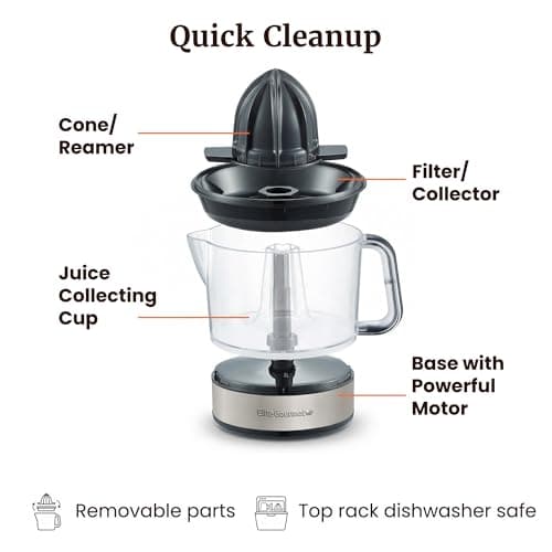Elite Gourmet ETS623 BPA-Free 40-Watt Electric Citrus Juicer, Compact, Large Volume, Pulp Control, Oranges, Lemons, Limes, Grapefruits with Easy Pour Spout, 24oz, Black/Stainless Steel 5