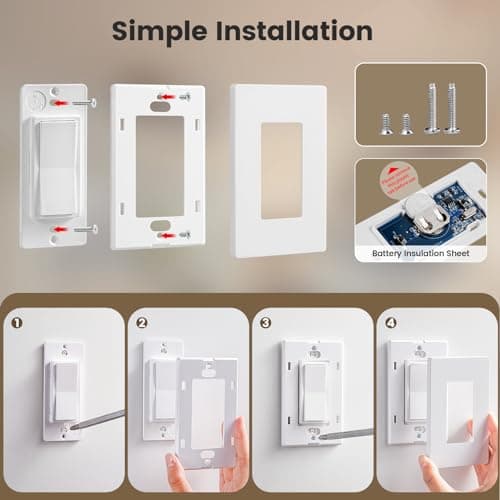 SURAIELEC Wireless Light Switch and Receiver Kit, Decorator Rocker Wall Switch, 15 AMP, 100FT RF Range, No Wiring No WiFi, Remote Control for Lighting, Neutral Wire Required (Upgrade Antenna Model) 7