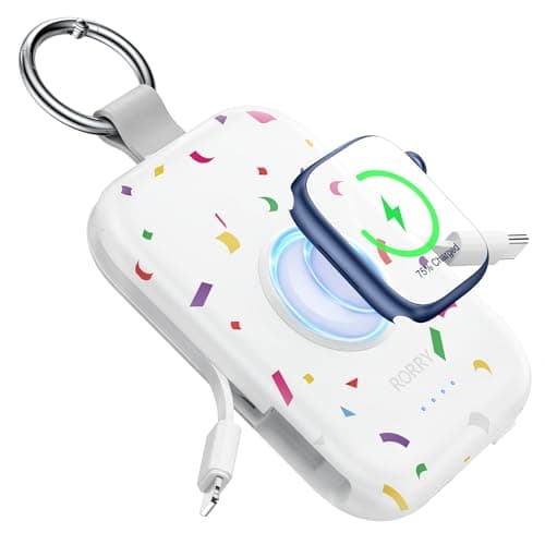 RORRY Portable Charger, 5000mAh Portable Charger Power Bank with Built-in Cables, Travel Keychain Battery Pack for Apple Watch Ultra/11/10/9/8/7/6/SE, iPhone Air/17/16/15/14/13/12, Confetti-White