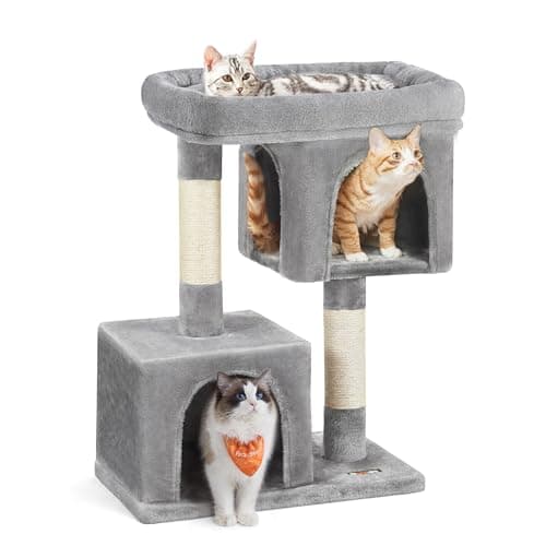 Feandrea Cat Tree, 33.1-Inch Cat Tower, Plush Condo for Large Cats up to 16 lb, Large Perch, 2 Caves, Scratching Post, Light Gray UPCT61W