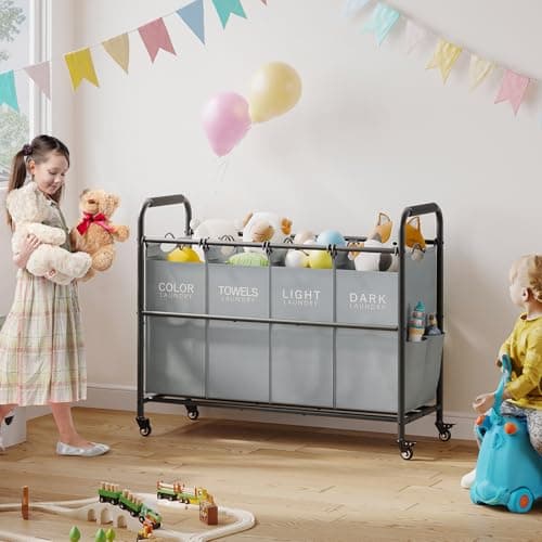 Tajsoon 4 Bag Laundry Sorter Cart, 4 Section Laundry Hamper Sorter with Heavy Duty Lockable Rolling Wheels, Laundry Separator Hamper with Removable Bags for Dirty Clothes Storage, Grey 8