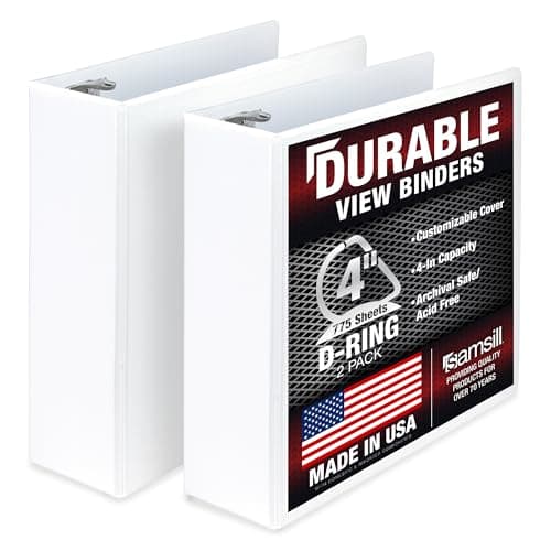 Samsill Durable 4 inch 3 Ring Binder, D Ring Binder, 100% Recycled Chipboard, White, 2 Pack