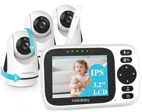 HelloBaby 3.2'' Baby Monitor 3 Cameras, Video Audio Baby Monitor No WiFi, Remote Pan-Tilt-Zoom, ECO, Night Vision, 2-Way Talk, 1000ft Range, 8 Lullabies and Temperature, for Parents and Babies