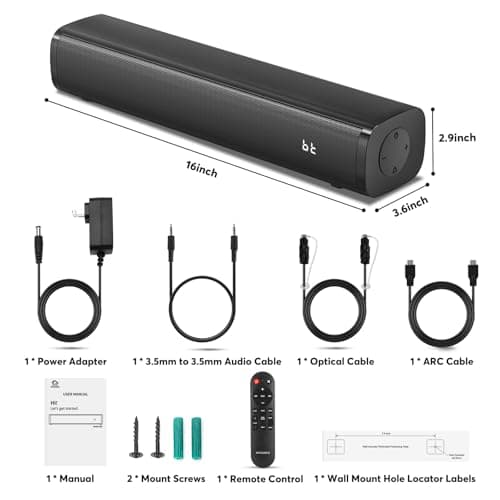 wogree 2.1ch Sound Bar for Smart TV with 6 Levels Voice Enhancement, Built-in Subwoofer, 16 Inches Bluetooth 5.3 TV Soundbar Speakers with ARC/Optical/AUX/USB Connection 8