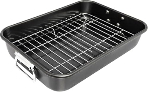 Roasting Pan with Rack - 15 Inch Carbon Steel Roaster Pan for Oven - Large Roaster Pot with Handle for Turkey Chicken Meat & Vegetables