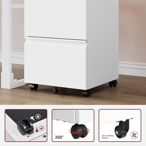 RAVIGIN 2 Drawer File Cabinet，Mobile Filing Cabinet with Lock and Wheels，Fully Assembled Metal Under Desk File Cabinets for A4/Letter/Legal Size（White 5