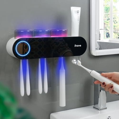 iHave Wall Mounted Electric Toothbrush Holders with 3 Cups, UV Sanitizer, Toothpaste Dispenser, Smart Home Bathroom Accessories & Decor, Black 5
