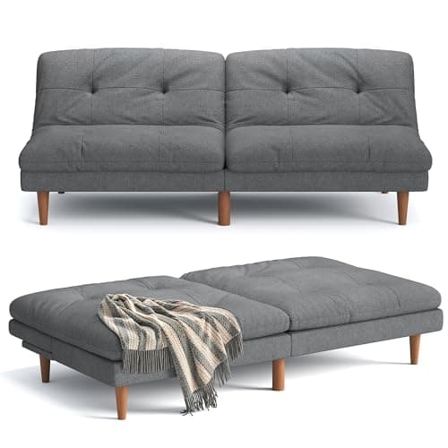 Furmax Futon Sofa Bed Modern Linen Couch Convertible Folding Futon Reclining Sleeper Sofa Couch for Small Space Apartment Loveseat with Adjustable Backrest (Dark Grey)