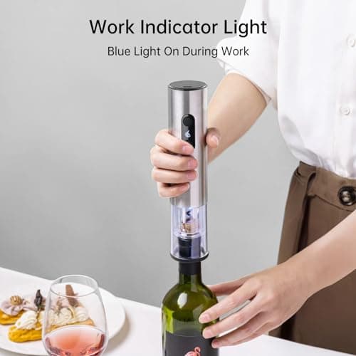 ELMWAY Rechargeable Wine Opener by ELMWAY, Electric Wine Bottle Opener with Foil Cutter, LED Light and Stainless Steel Shell, Cordless Corkscrew & Cork Remover, Gifts for Wine lover- Silver 5