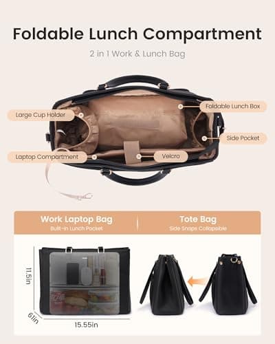 LOVEVOOK Lunch Tote Bag for Women, 3 in 1 Work Bag with Insulated Lunch Compartment, Laptop Bag with Large Cup Holder for Office, College, Casual, Black 4