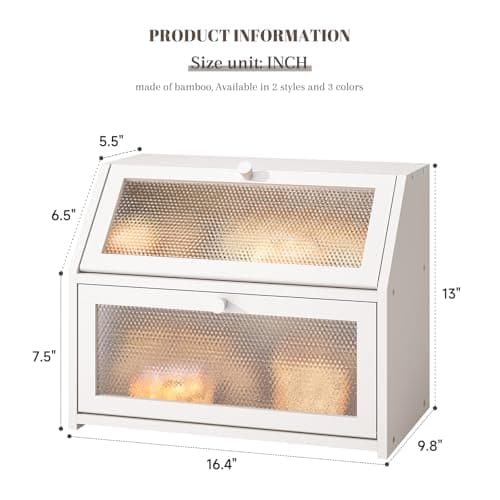 STDDRE Bread Box for Kitchen Countertop Bin Double Layer Bread Box Storage Container Extra Large Capacity Farmhouse with Diamond Pattern Windows (White, Large) 7