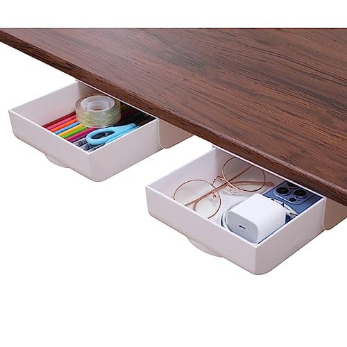LuluEasy 2 Pack Under Desk Drawer Self-Adhesive Desktop Storage Organizer, Hidden Attachable Slide Out Desk Drawer, Under Table Tray for Pencil Pen Stationery Office Organization, White