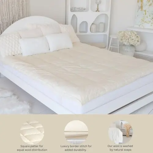 Purevana 100% Merino Wool Mattress Topper for Back Pain Relief Natural Handmade Merino Wool Pad 1 Inch Thick Cooling Breathable with 2 Elastic Straps, Ivory Queen 60x80 Inches 4