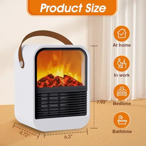 ZJFLNZYC Portable Mini Electric Fireplace Heater,Small Room Space Heaters for Indoor Use with 3D Flames,PTC Ceramic Heater, Desk Space Heater for Bedroom,Bathroom and Office Quiet Small(White) 7