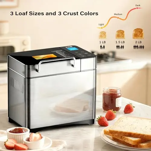 KBS Pro 710W 2LB Bread Maker, Stainless Steel 17-in-1 Smart Bread Machine with Healthy Ceramic Pan, Automatic Nut Dispenser, Tempered Glass Touch Panel, 3 Crust Colors, 15H Timer& Keep-Warm, Recipes 8