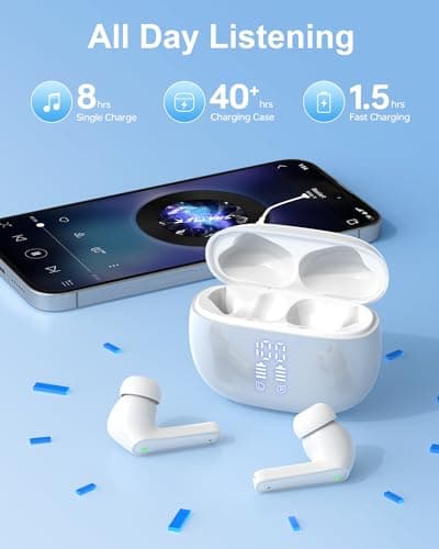 HUIFU Ear Buds Wireless Earbuds - Bluetooth Headphones 40H Playtime LED Display Deep Bass Stereo in-Ear Earphones with IPX7 Waterproof for iPhone Android Phone Tablet Laptop, Pure White 5