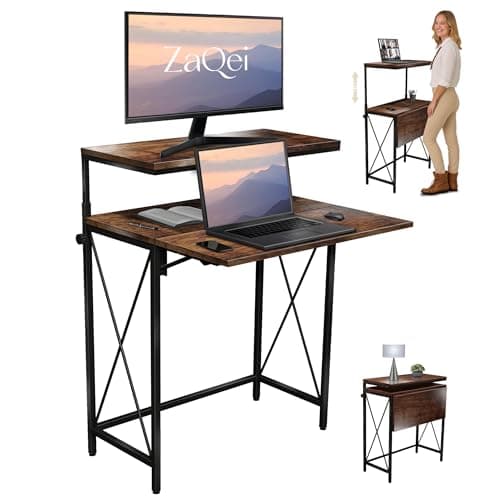 Zaqei Small Standing Desk, Height Adjustable Small Writing, Mini Desk, Home Office Desks, Work for Home Office, Folding Laptop Study Compact (Brown)