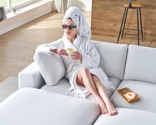 PaPaJet Modular Sectional Sofa, 114 Inches Oversized Down Filled Sectional Sofa, 4 Seats L Shaped Comfy Couch with Chaise, Ottoman, Could Sofa for Living Room, White Linen Couch Set 5