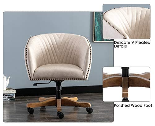 Guyou Retro Barrel Swivel Home Office Desk Chair for Heavy Duty, Upholstered Ergonomic Accent Arm Chair with Luxurious Nailheads and Pleated Mid-Back, Beige in Faux Leather 7