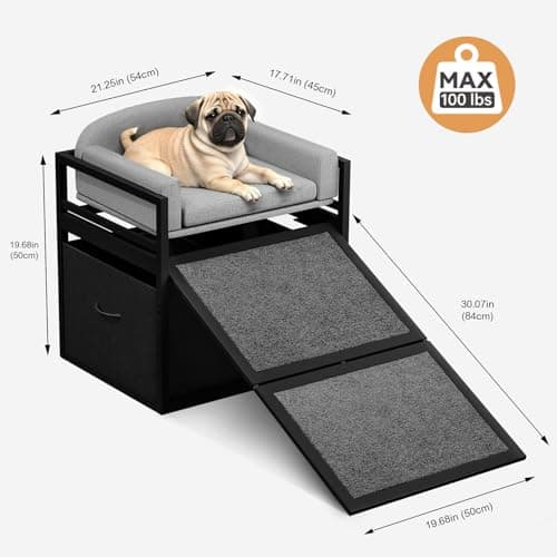Clioran Non Slip Dog Ramp with Seat & Storage Drawers,Extra Wide Doggie Stairs,Metal Frame Puppy Chair for High Bed Couch Office,Dachshunds Ladder,Washable Cushion Pet Step for Small Old Pets Grey 8