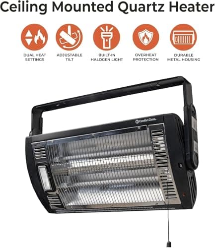 Comfort Zone 1500W Ceiling Mounted Dual Quartz Radiant Heater – Infrared Workshop Heater with 90° Adjustable Tilt, Built-in Halogen Light & Pull String Control – Overheat Protection, Black 2