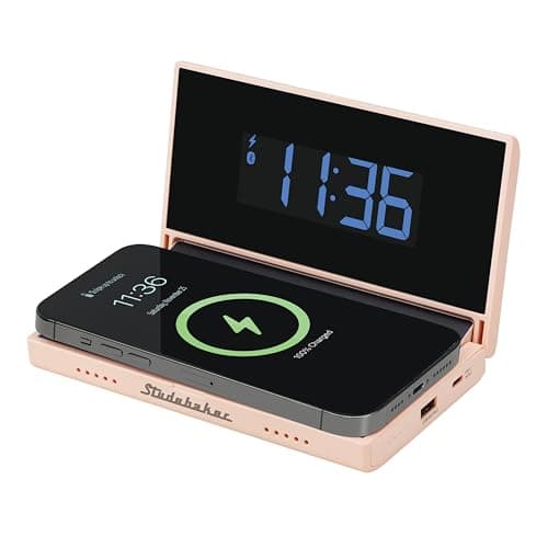 Studebaker Techmate All-in-One: Portable Travel Clock, Wireless & Wired Phone Charger, Bluetooth Speaker, and Power Bank (Rose Gold)