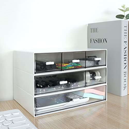 3 Tier Stackable Desk Organizer With 6 Drawers - Plastic Storage for Makeup and Desktop Organization (White)