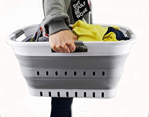 SAMMART 30L (8 gallon) Collapsible 3 Handled Plastic Laundry Basket - Foldable Pop Up Storage Container/Organizer - Space Saving Hamper/Basket (White/Grey) 6