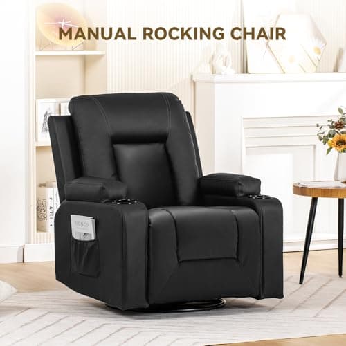COMHOMA Recliner Chair, Swivel Rocker Recliners, Reclining Sofa with Side Pockets, Cup Holders for Living Room, Bedroom (Black) 6