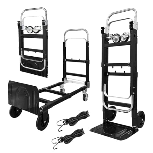 3-in-1 Aluminum Hand Truck Dolly, 600 lbs Heavy Duty Folding Trolley with Universal Wheels, Convertible Hand Truck with Tie Down Straps for Warehouse, Supermarket, Office (Black)
