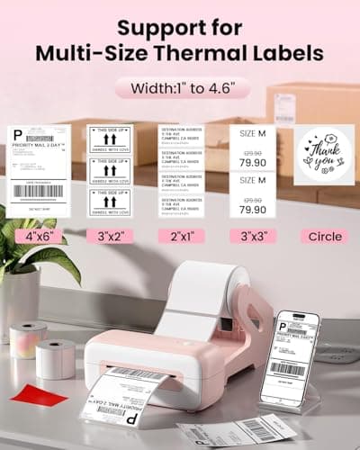 Phomemo Shipping Label Printer- Bluetooth Thermal Label Printer 4x6 for Small Business, Compatible with iPhone Android Windows Mac, Fast Inkless Printing for Ebay Amazon Shopify USPS FedEx - Pink 6