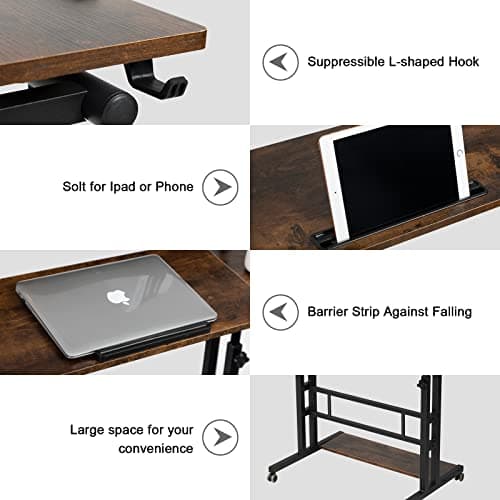 Hadulcet Mobile Standing Desk Adjustable Height, Rolling Desk Stand Up Desk, Mobile Laptop Desk, Rolling Computer Desk with Charging Station, Portable Desk with Wheels, Rustic Brown 8