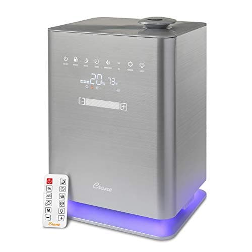 Crane Ultrasonic Warm & Cool Mist Air Humidifier for Bedroom, Top Fill, UV Light, 1.2 Gallon Tank, 500 Sq Ft Coverage, With Remote, Grey