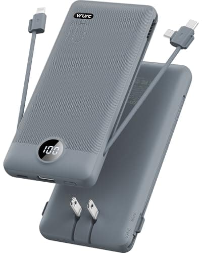 VRURC Portable Charger Built-in Cables and AC Wall Plug, USB C Power Bank 10000mAh, Travel Battery Portable Phone Charger Compact Lightweight External Battery Pack for Smart Phones, Tablets etc-Grey