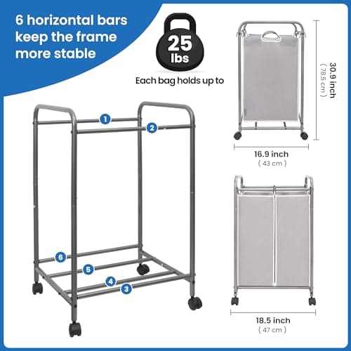 STORAGE MANIAC Laundry Sorter 2 Section, 90 L Gal Laundry Hamper with Wheels, Clothes Basket Separator Sorter, 2 Bag Clothes Cart with Wheels and Removable Bags for Closet, Dorm, Collage, Grey 4